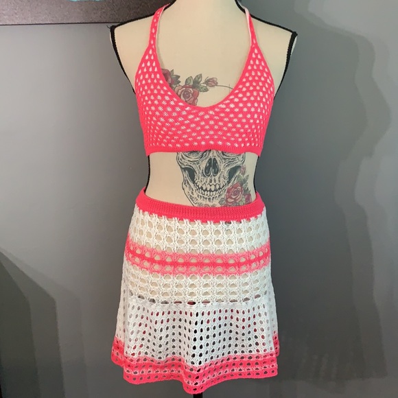 Fuchsia Pink Crochet Two Pc Tie Halter Top And Skirt Coverup Set New - Picture 7 of 14